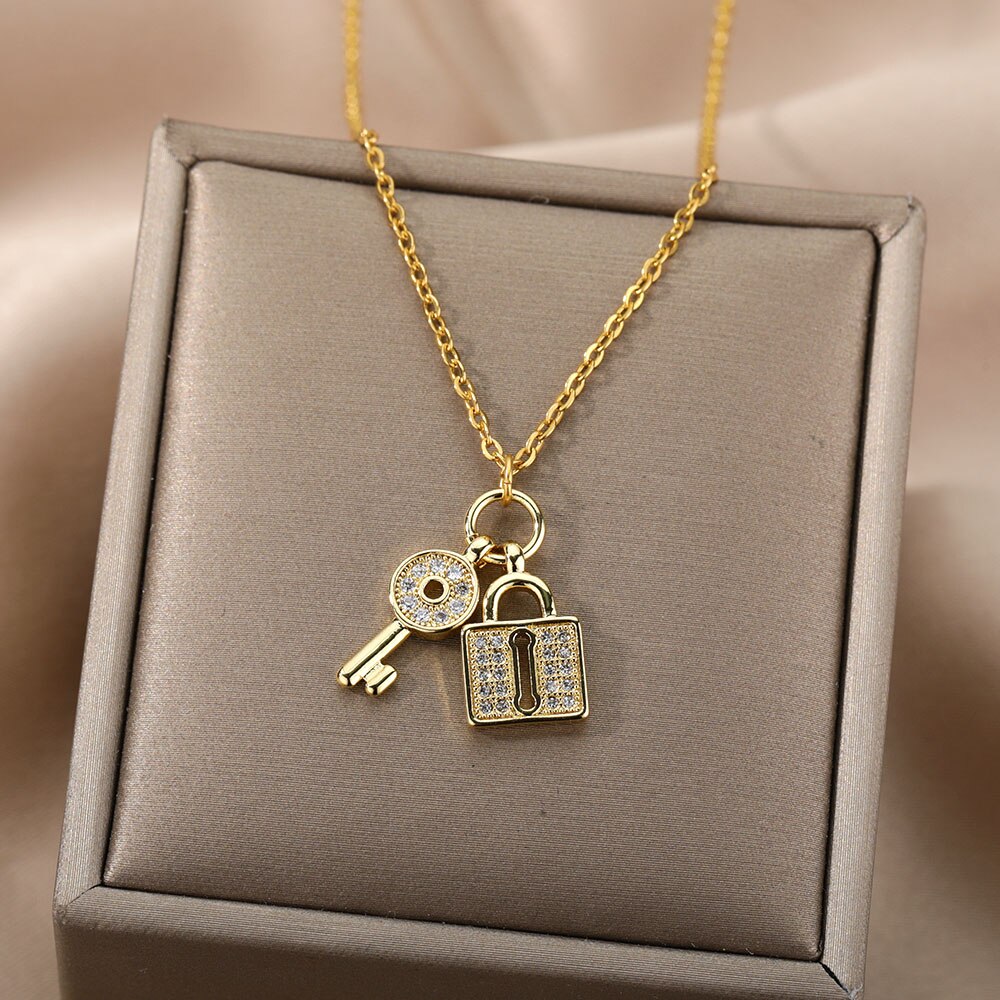 CZ Lock And Key Necklace Stainless Steel Necklace For Women Gold Couple Pendants Key Choker Jewelry Collares Lover