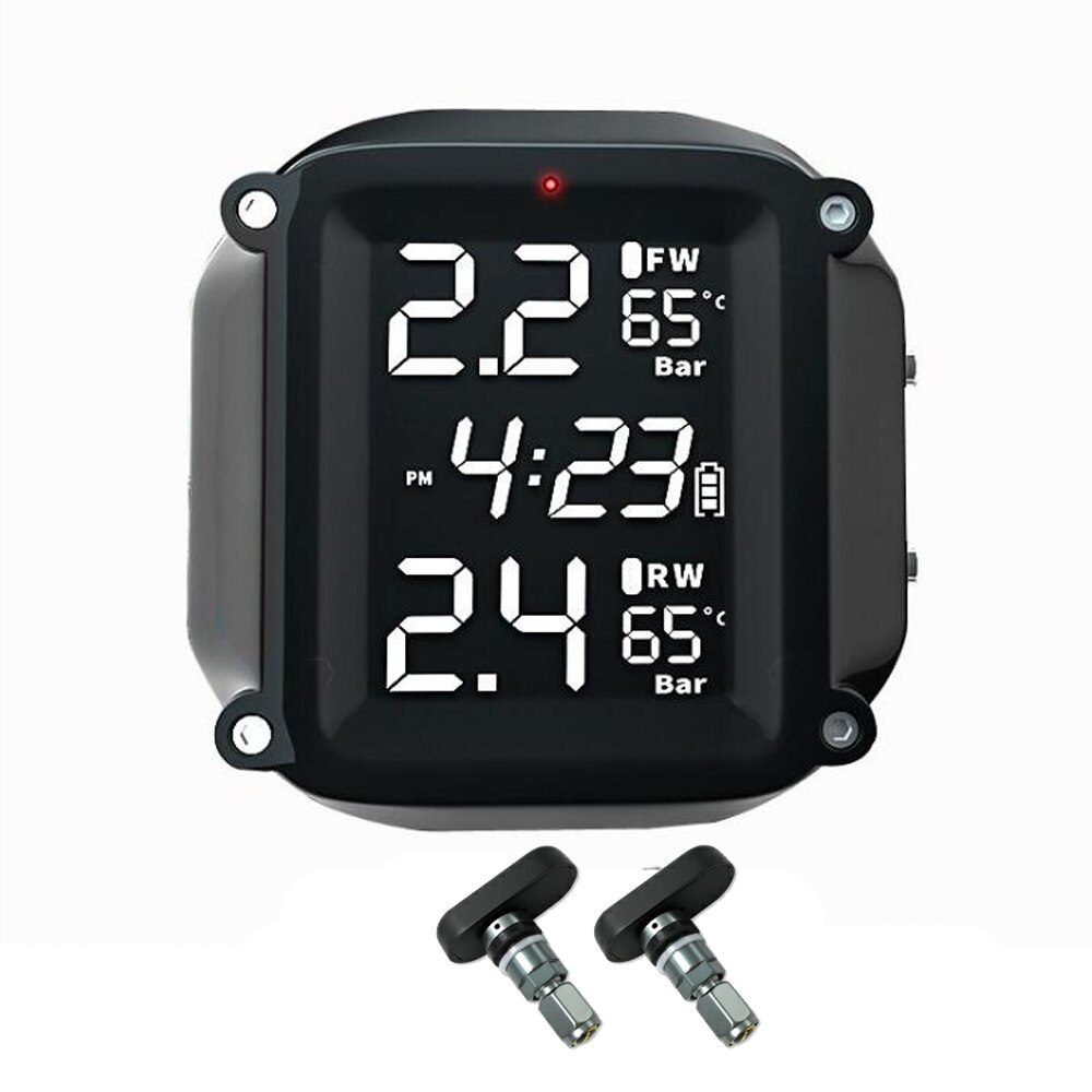 Wireless Motorcycle TPMS Tire Pressure Monitoring System 2pcs External Sensor LCD Time Display Tyre Temperature Monitor Alarm: Built-in