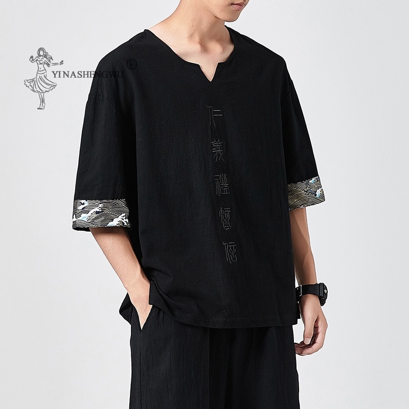 Japanske kimonoer kortærmet t-shirt broderet harajuku yukata japan sommer herre linned herre skjorter bukser asiatisk kostume