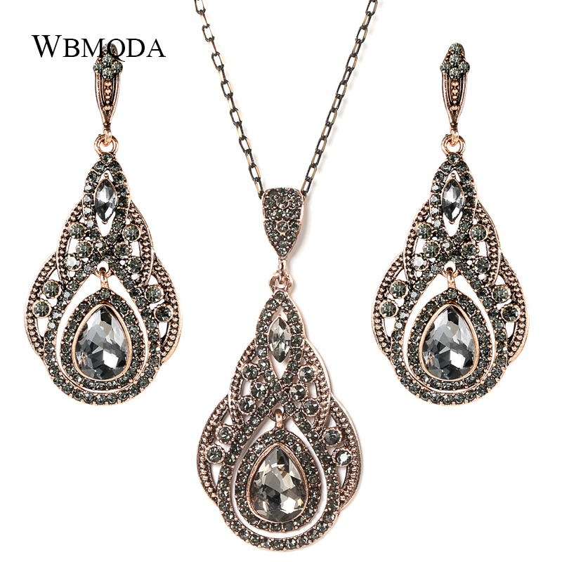 Wbmqda Etnische Bruiloft Sieraden Sets Grijs Crystal Flower Earring Ketting Voor Vrouwen Antieke Gold Boho Ketting Vintage Sieraden