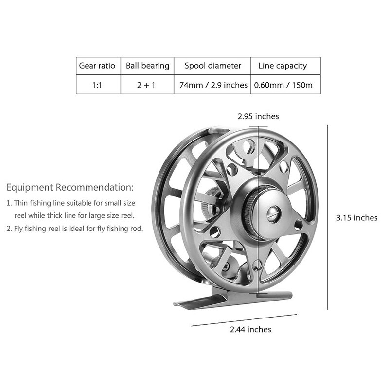 LEO Fly Fishing Reels AL 75 Aluminum Alloy 2 + 1 Ball Bearing 1:1 Gear Ratio Outdoor Rafting Fishing Tackle Reel Pesca