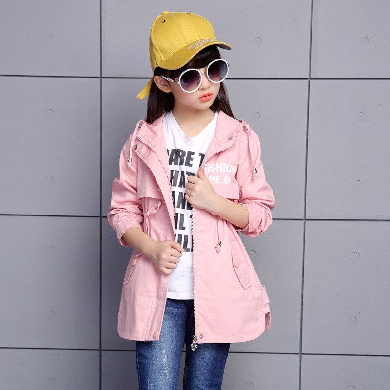 Teenager Spring Autumn Girls Trench Coat Hooded Jacket Long Cardigan Kids School Clothing Casual Outwear 3-14 Age: 02 / 8