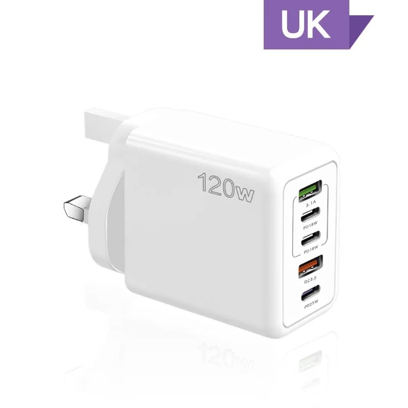 120W 5 Port USB Charger Type C QC 3.0 Fast Charging Mobile Phone Wall Adapter EU/US/UK Plug for iPhone 15 Samsung Xiaomi Huawei: KR