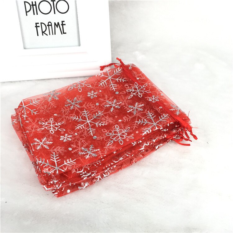 100 Stks/partij 17X23 20X30 Sneeuwvlok Organza Zak Mesh Sieraden Pouch Gold Print Trekkoord Huwelijksgeschenken Zakken kerstcadeaus Zakjes: red silver / 17x23cm