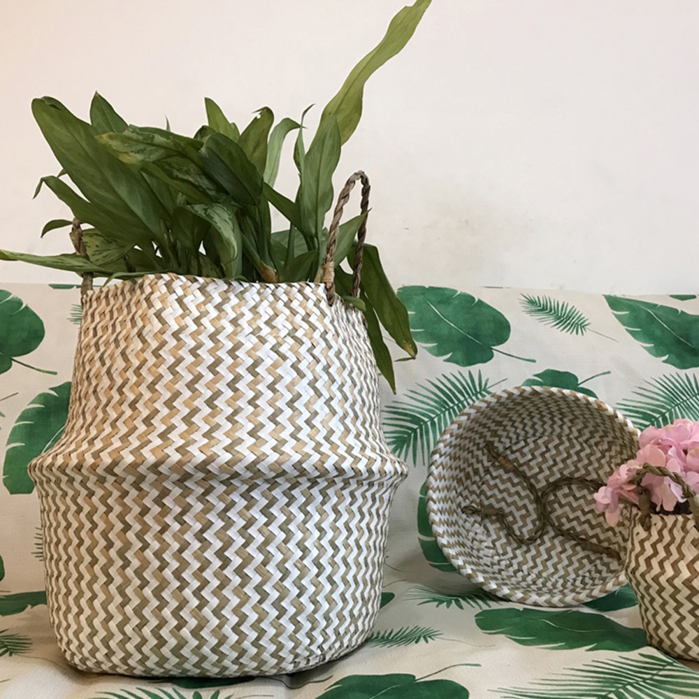 Handmade Bamboo Storage Baskets Nordic Foldable Laundry Straw Wicker Rattan Seagrass Belly Garden Flower Pot Planter Baskets
