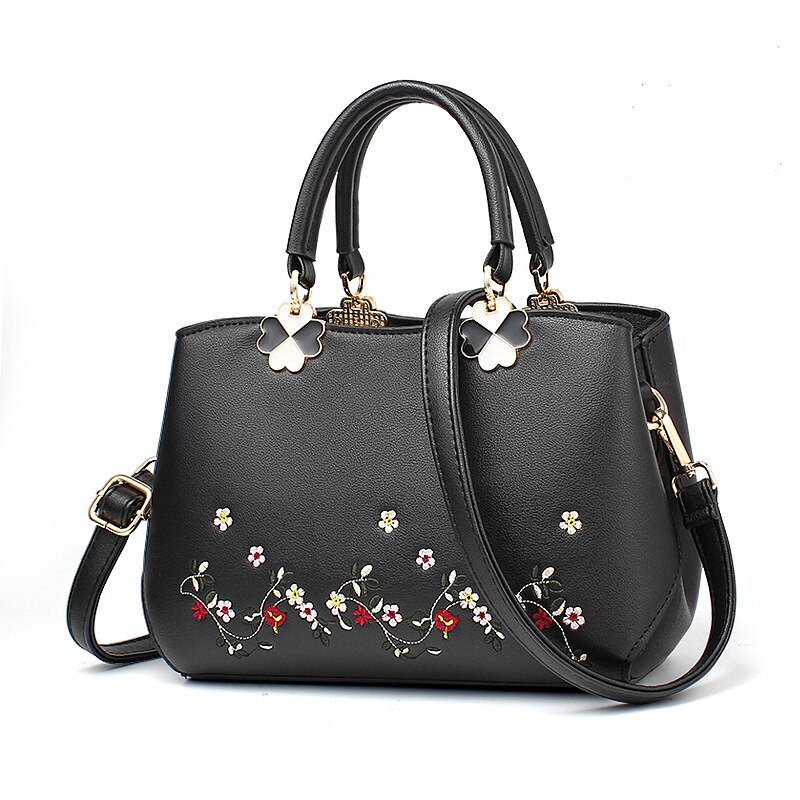 Women Bag Women Leather Handbag Women Shoulder Bag Crossbody Handbag Big Boston Flower Embroideried Rivets Chinese Style: Black