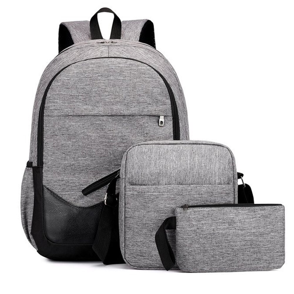 3Pcs/Set Unisex Backpack School Shoulder Bag Oxford Cloth Travel Bookbags Kit: Gray