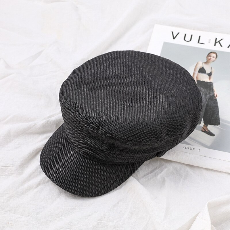 Flat Top Sailor Captain CapSpring Summer Men Women Cap Cotton Linen Beret Men Women Newsboy Cap Artist Painter Beret Cap: Black