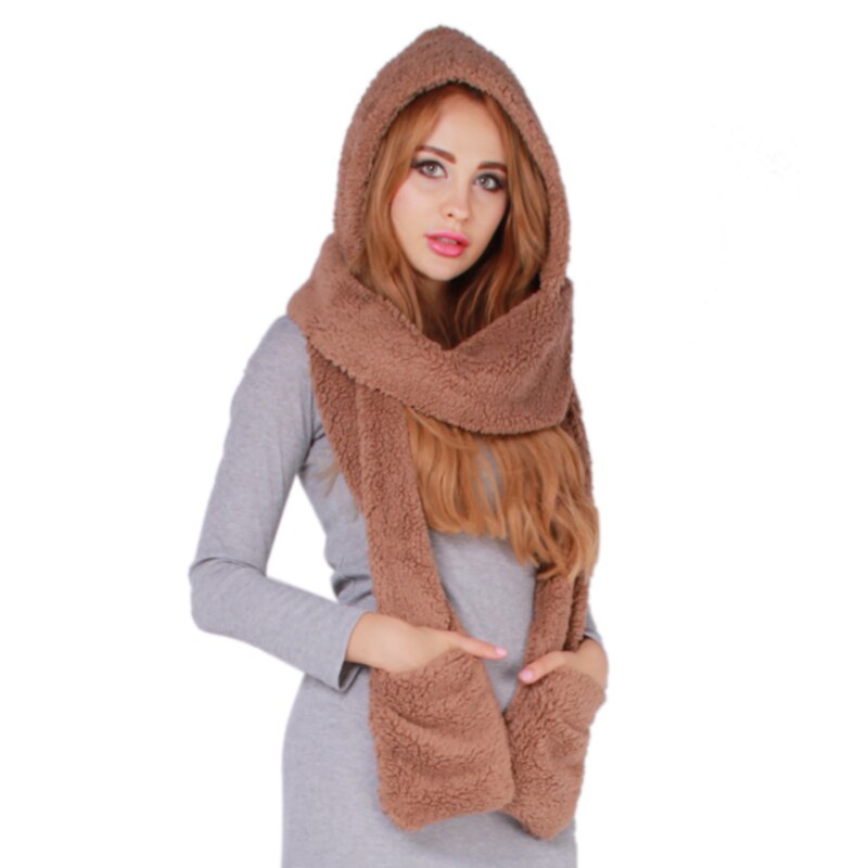 3 en 1 femmes hiver doux capuche écharpe Snood poche chapeaux gants à capuche Srarves écharpe chapeau gant 3 pièces ensembles