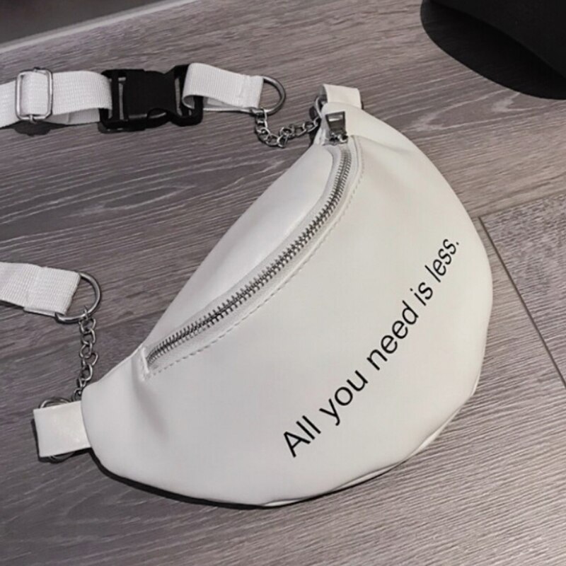 1PC Womens Waist Bag Solid PU Bag Belt Purse Chains Female Zipper Small Purse Phone Key Pouch Chest Bag: White