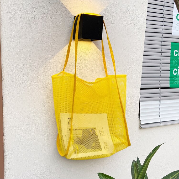 Mode Zomer Vrouwen Mesh Strandtassen Vrouwelijke Grote Schoudertas Shopper Bag Effen Kleur Dames Opvouwbare Casual Tote Oranje Handtassen: YELLOW