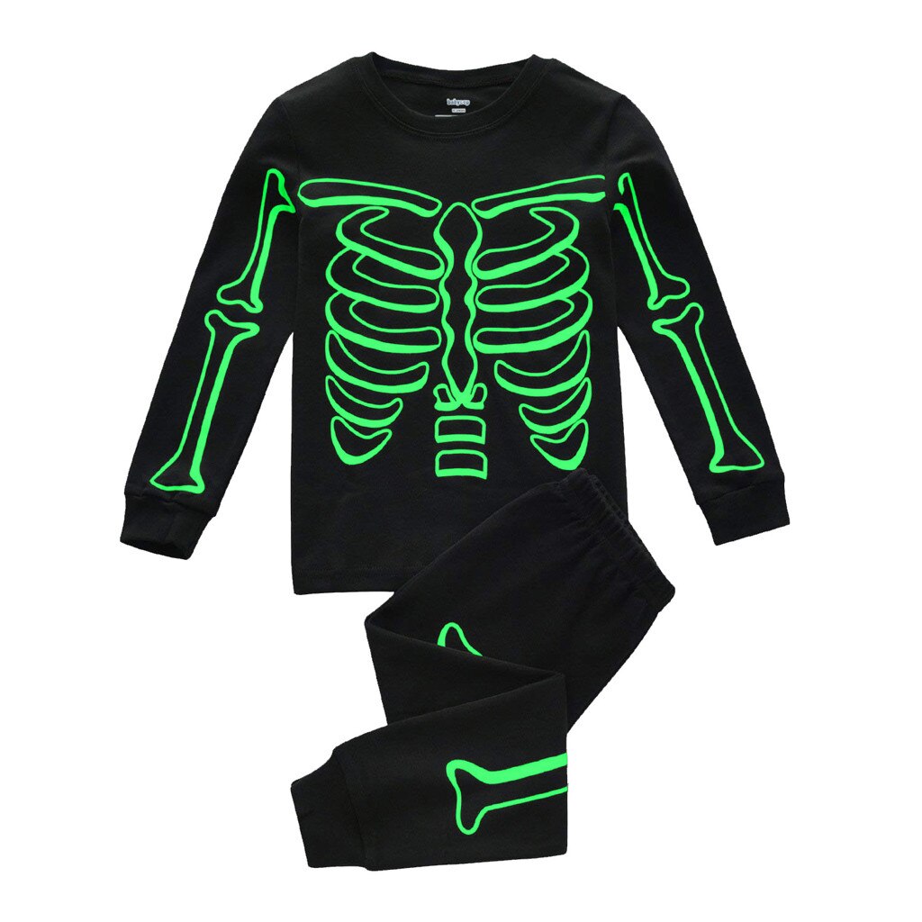 Halloween Roupas Criança Crianças Algodão Sleepwear Conjunto Pijama Meninos Brilham no Escuro Esqueleto Halloween детская одежда