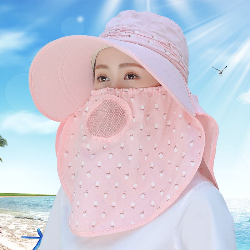 Capa de proteção primavera verão chapéus de sol feminino pescoço rosto protetor solar de borda larga respirável pescador chapéu máscara de sol ao ar livre: pink
