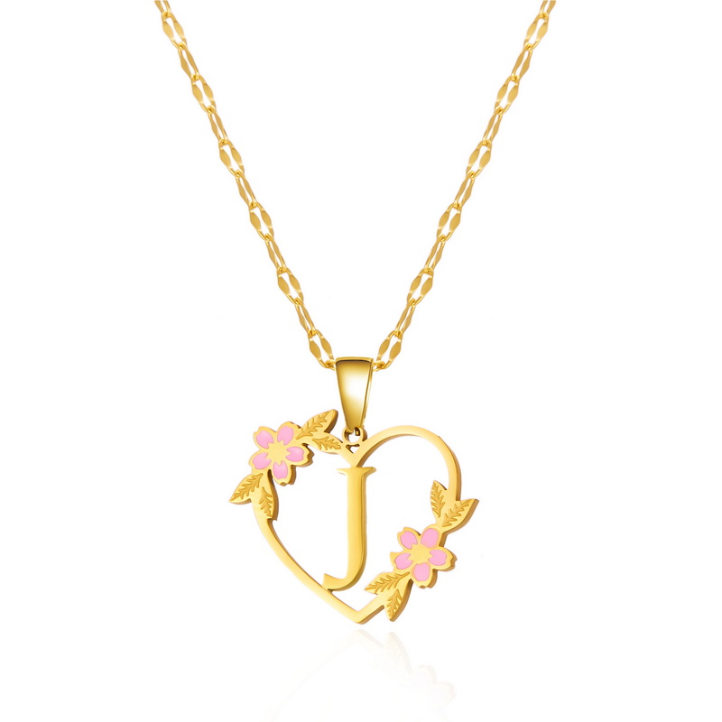 Collar con colgante de nombre y letra inicial de acero inoxidable con flor coreana para mujeres y hombres, gargantilla de amistad con letras de A-Z, de joyería: Rodio plateado