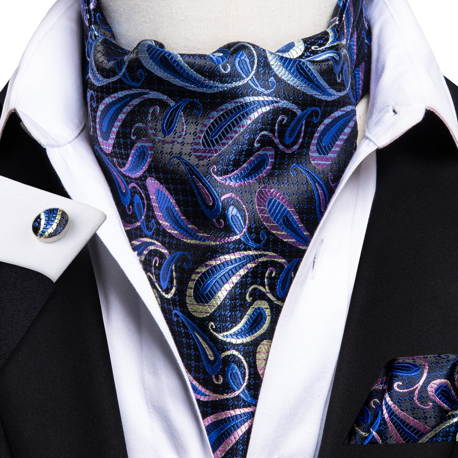 Hi-Tie Silk Mens Ascot Pocket Square Cufflinks Set Jacquard Paisley Floral Vintage Cravat Tie for Male Red Blue Green Gold Pink: Ivory