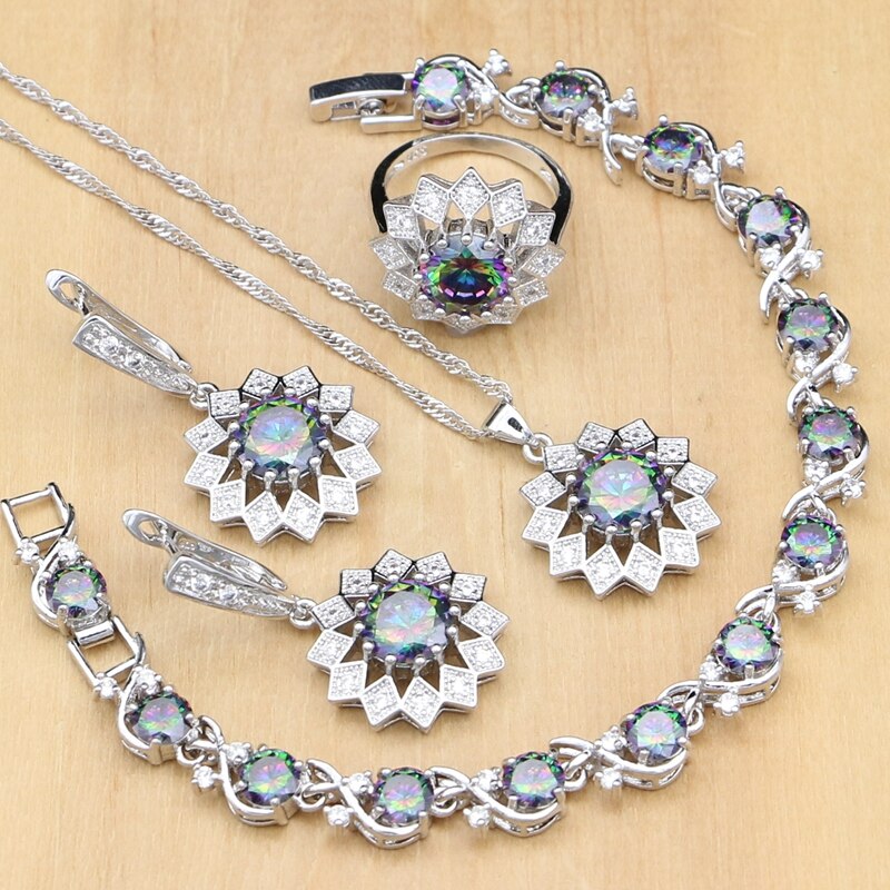 Aardbei Mystic Regenboog Zirkoon Zilver 925 Sieraden Set Decoraties Voor Vrouwen Oorbellen/Hanger/Ring/Armband/Ketting set