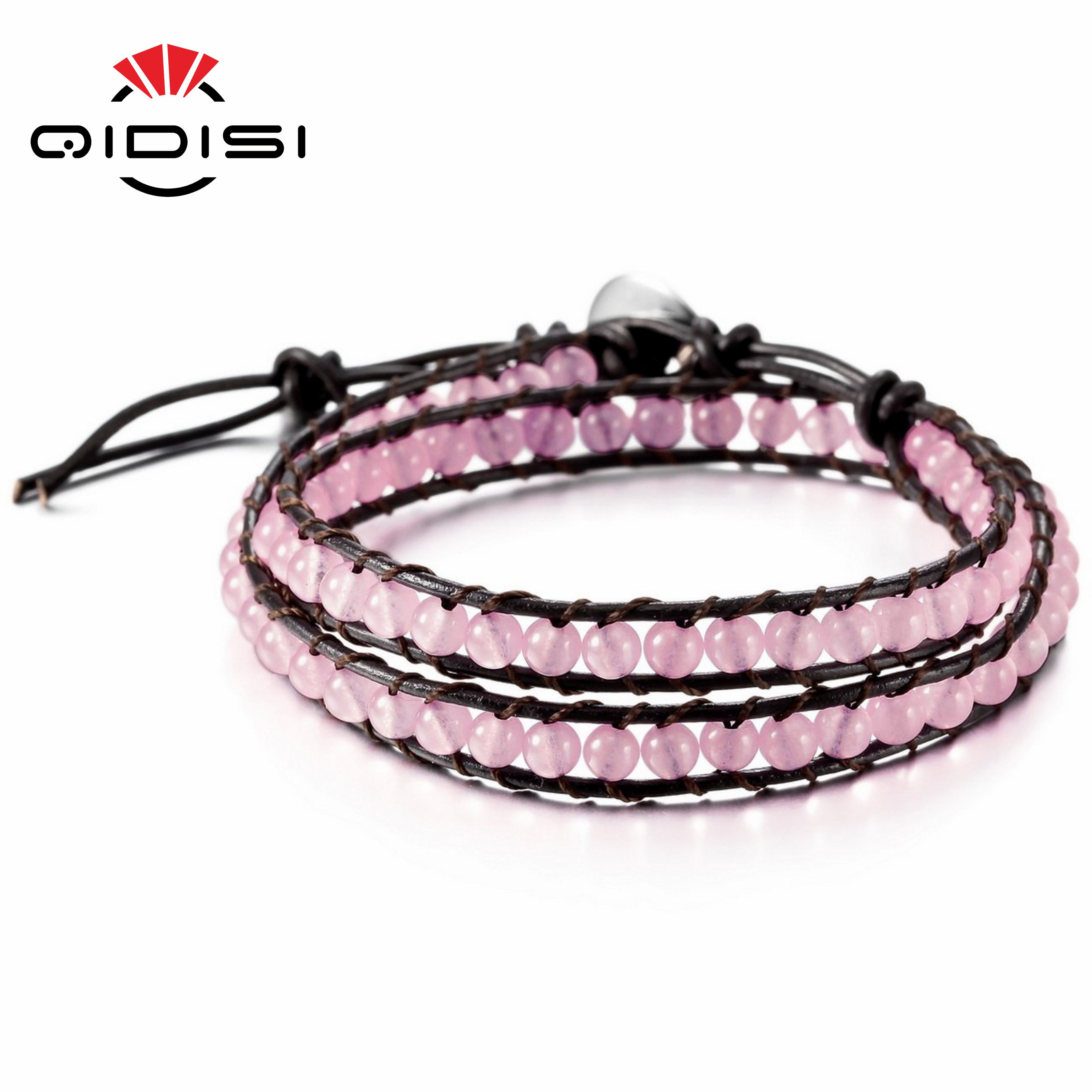 Stone Leather Bracelet Bangle Cuff Rope Bead 2 Wrap Charm Bracelets Bangles Female Statement Jewelry Party: Pink