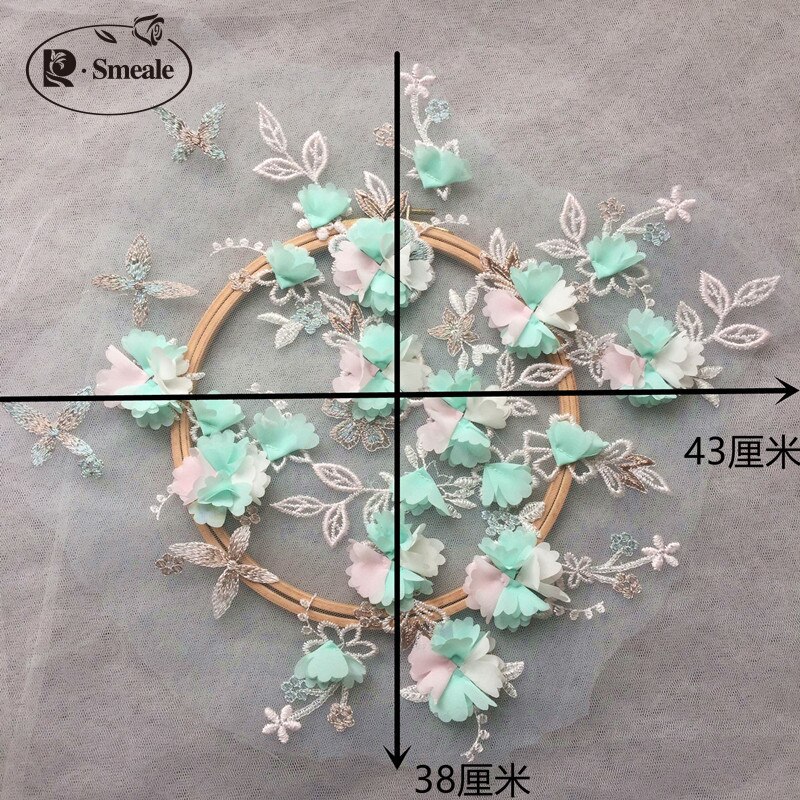 Chiffon Contrast 3D Chiffon Bloem Vlinder Kant Applique Patch Diy Naaien Accessoires Voor Trouwjurken Grey GreenRS2792