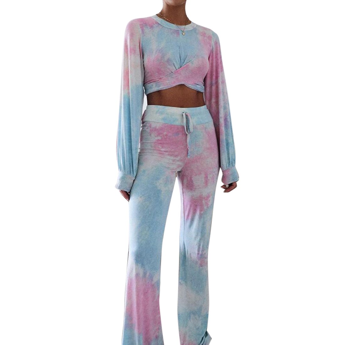 Tie-dye dames sportkleding lange mouwen kink top blote navel hoge taille broek tweedelige pakken dames herfst: Xl / Blauw
