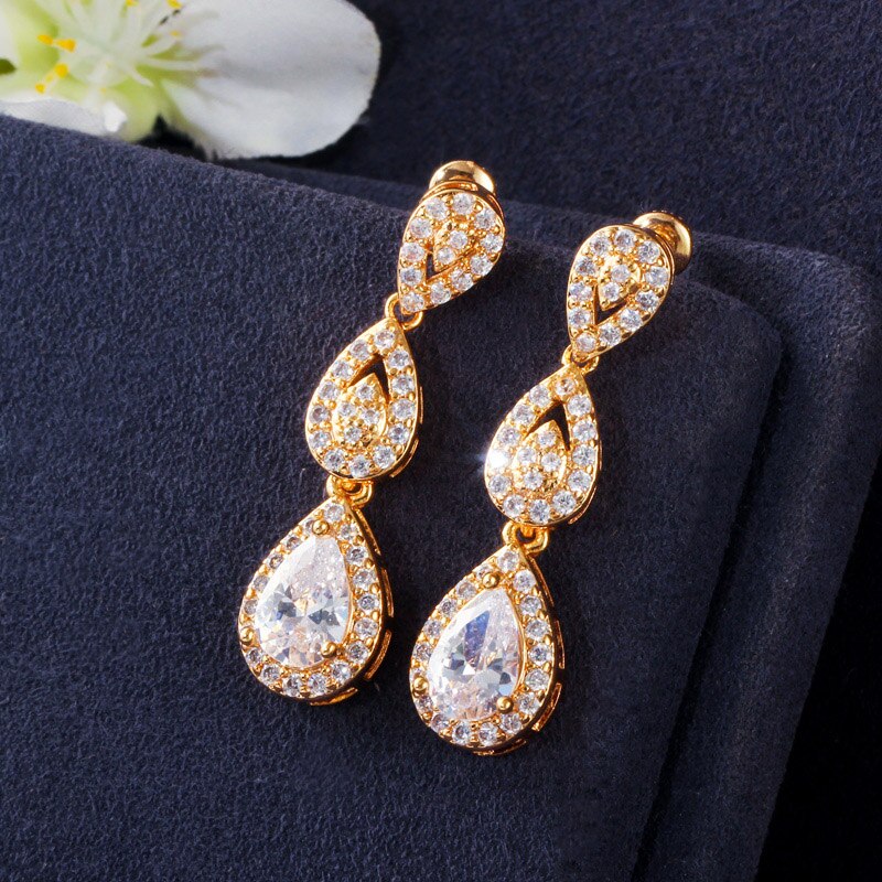 CWWZircons, preciosa circonita cúbica de gota de agua 585, collar y pendientes de oro para mujer para de boda, conjunto de joyería de lujo para novia T405