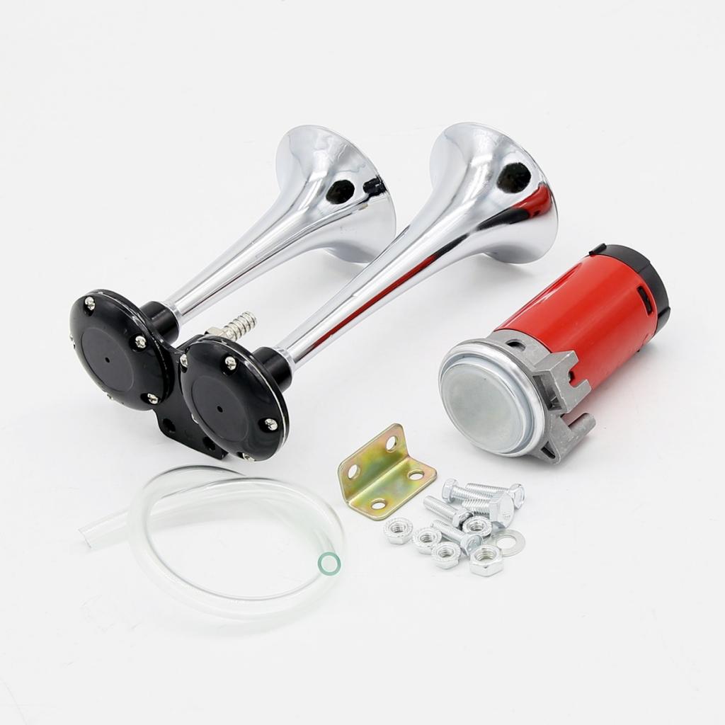 12V DC Super Loud 150db Dual Trumpet Air Horn Compressor Kit, Premium Car Vehicle Train Horn Kit (Chrome)