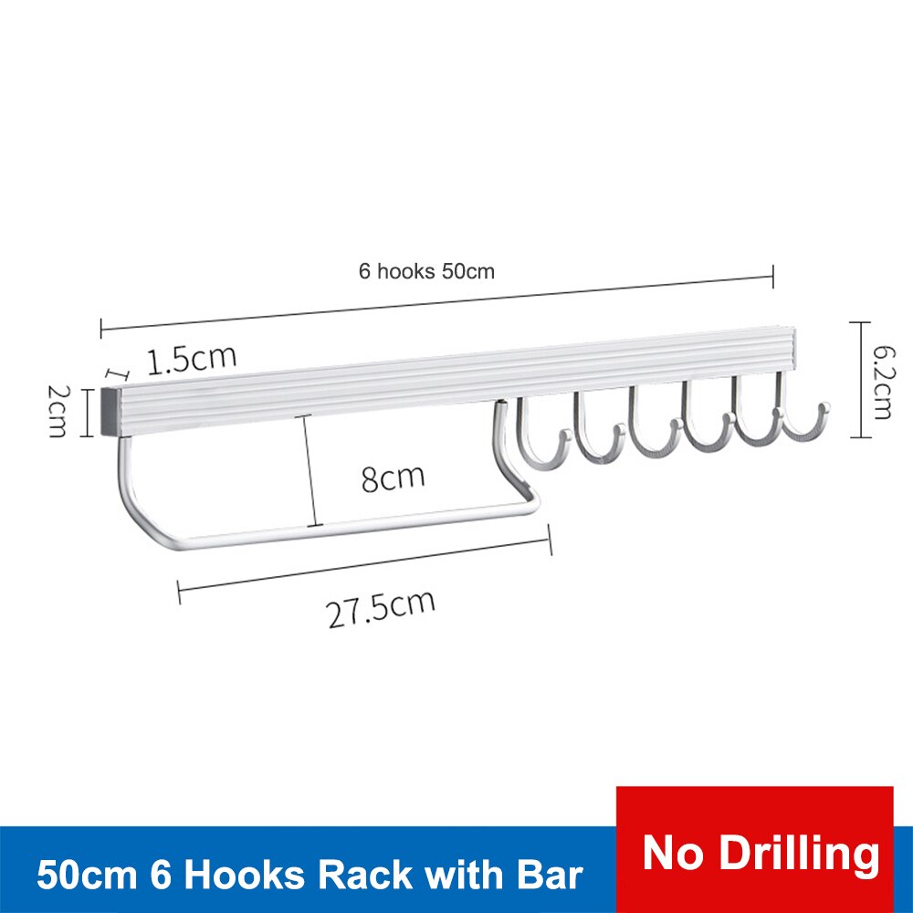 Kitchen Storage Shelf with Hook Wall Mount Coat Rack Rail Bar Wall Storage Hanger Kitchen Organizer Bathroom Accessories: 50cm with Bar