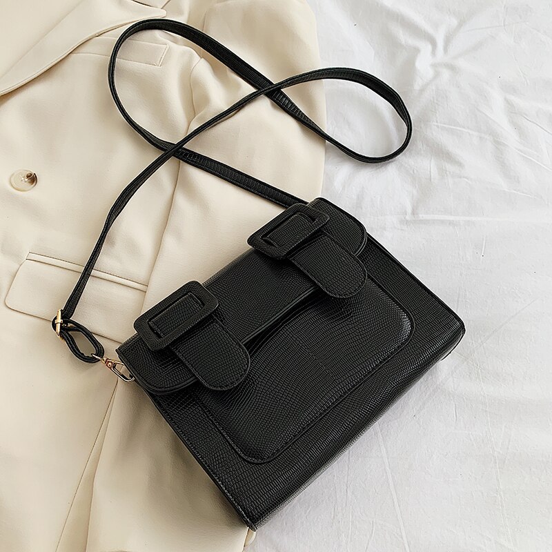 Krokodillemønster firkantet crossbody-veske høy pu-lær dameveske reise skulder messenger bag: Svart