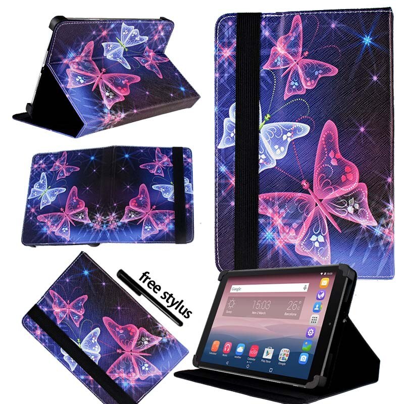 KK&LL For Alcatel OneTouch Pixi 3 10 inch - Leather Tablet Stand Folio Cover Case + Free stylus: purple butterfly