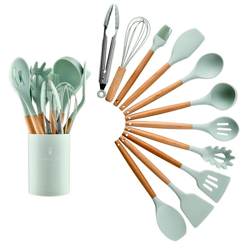 Juego de Utensilios de Silicona para la Cocina, Instrumentos para Cocinar, Espátula y Pala Antiadherente, Accesorio con Mango de Madera, con Recipiente de Almacenamiento: Mint Green