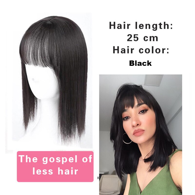 AILIADE Women 2 Clips In One Piece Hair Extension Long Straight Hair Extension Synthetic Topper Hair Piece With Bangs: 25CM Black