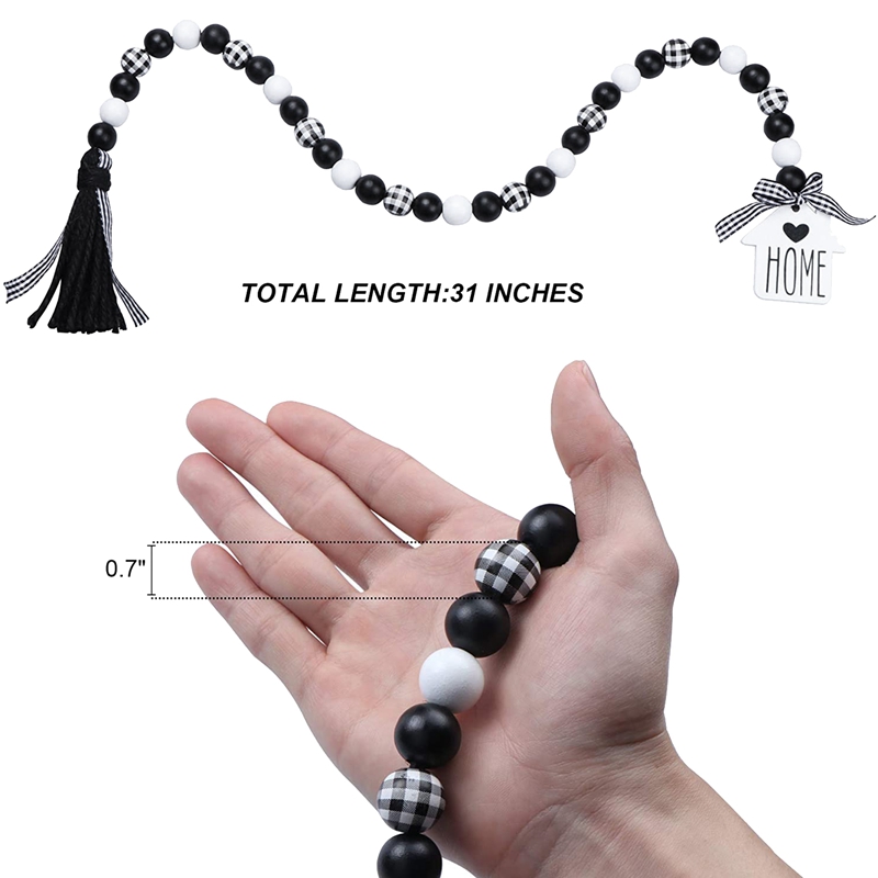 Farmhouse Wood Bead Garland,Black &amp; White Plaid Rustic Wooden Beads with Tassels for Farmhouse Tiered Tray Decor