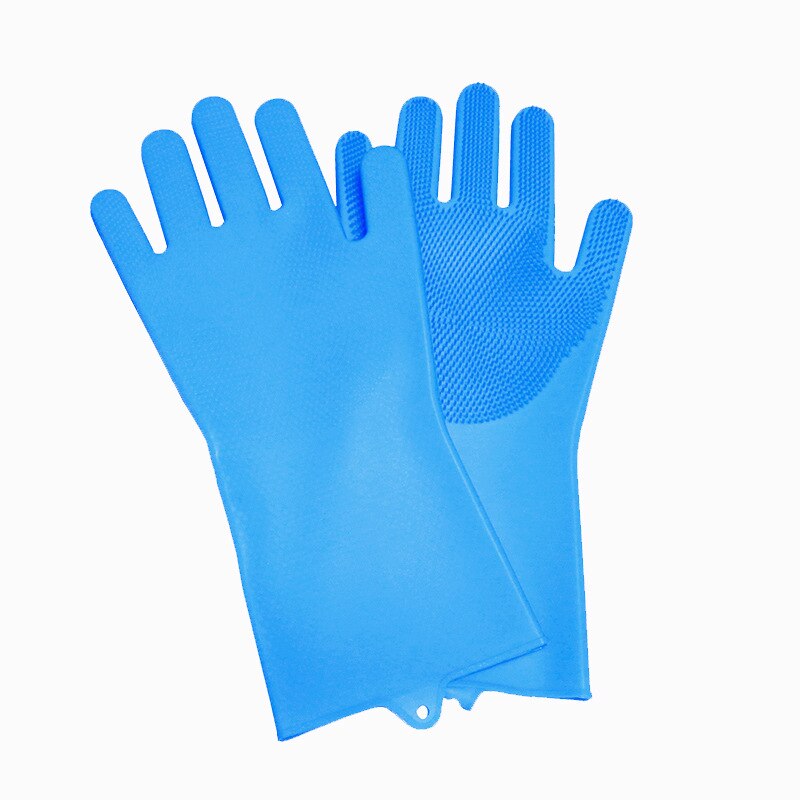 Silikonegummi opvaskehandsker scrubber rengøringsbørste til køkken temperaturbestandige handsker 3 par: Blå