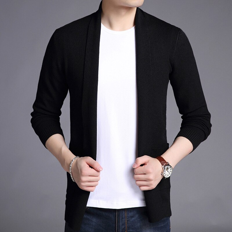 Märkeströja för herrkofta lång slim fit tröjor stickade ylle höst koreansk stil vardagskläder för män: Svart / Xl