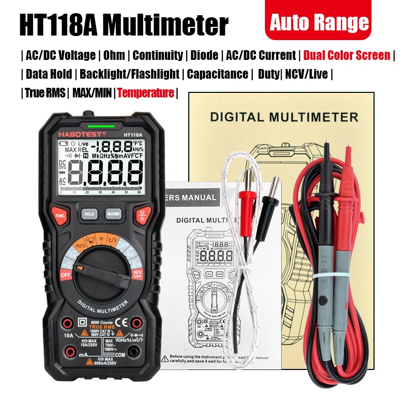 Habotest  ht118a digital multimeter tester sand rms bil multimeter auto rækkevidde 1000v ac dc spænding multi tester 6000 tæller: Default Title