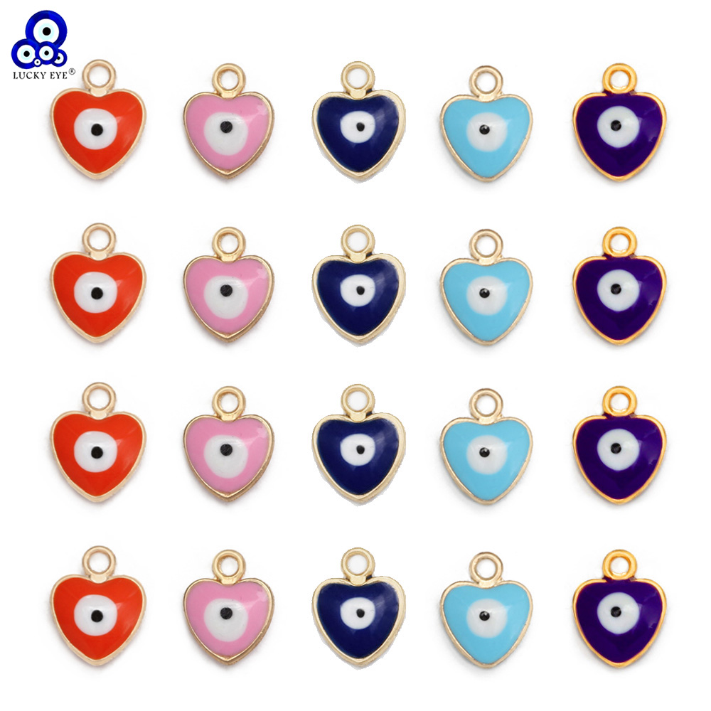 Amuleto de ojo de la suerte para fabricación de joyas, colgante de corazón, gota de doble cara, aleación de aceite, colorido, mal de ojo, accesorios de pulsera, 20 piezas por lote