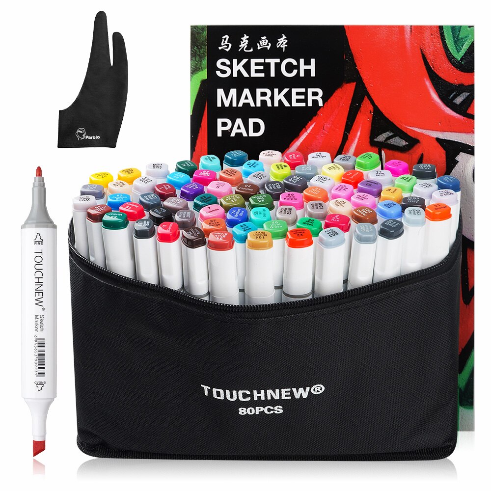 TOUCHNEW Skizze Marker Stift 80 Farben einstellen Dual Kopf Alkohol Marker Gemeinsame + A4 Skizze Buch + Zwei- Finger Handschuh