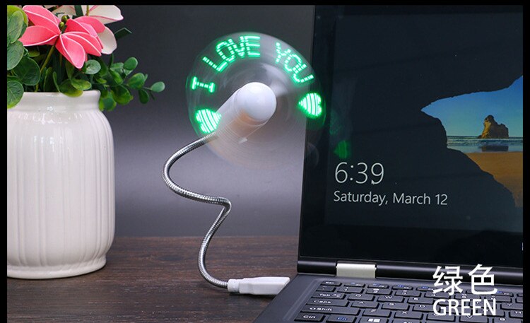 1PC USB Gadget Mini Fan Flexible LED Light USB Fan Time Clock Cool Gadget Time Display Flexible LED Mini Power USB Fan: Green