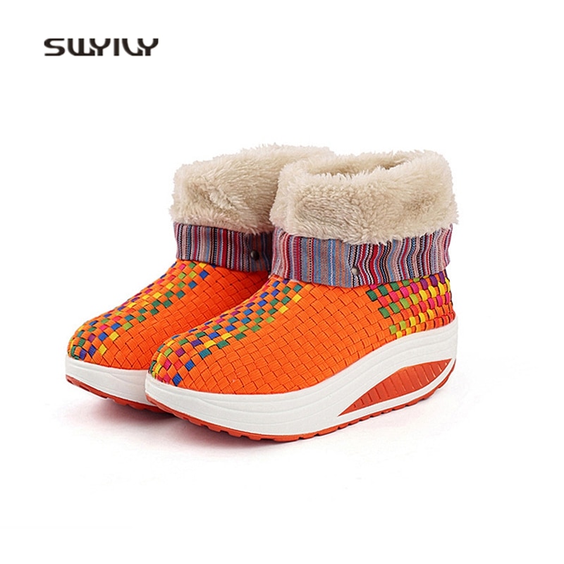 SWYIVY Women Toning Shoes Winter Warm Velvet Hand-woven Swing Shoes Chinese Style Platform Soft Slimming Shoes For Females