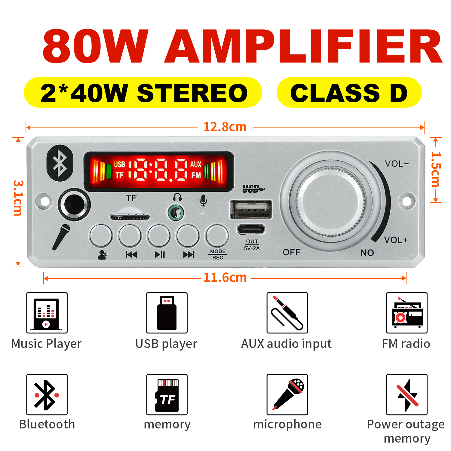 160W DIY Home Digital Amplifier MP3 Decoder Board 12V 80W Audio Power Bluetooth FM For Music Subwoofer Speakers Volume Control