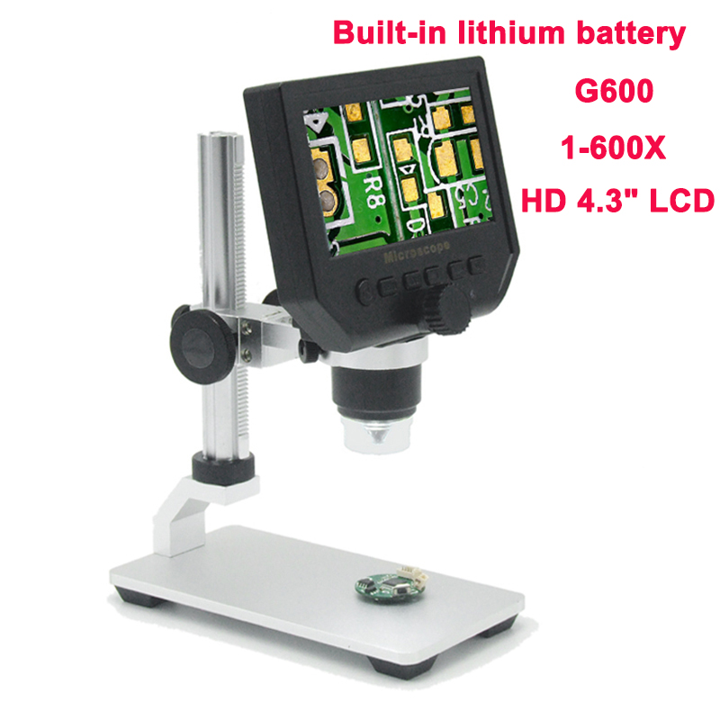 Zoom 1-1200X Digital Microscope Electronic Video Microscopes HD 7"4.3"LCDMetal Stand Soldering microscope phone Repair Magnifier: G600-BATTERY