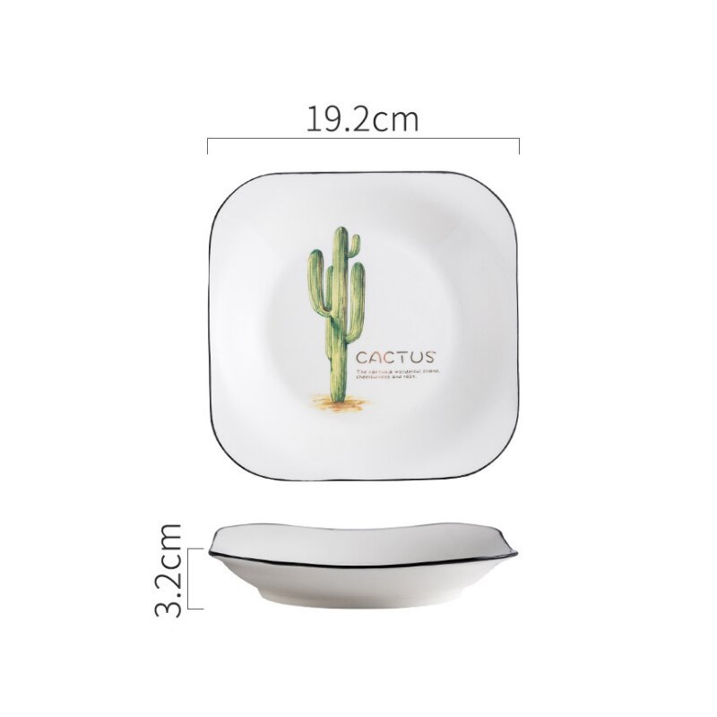 Vierkant porseleinen bord, cactus, dessertbord, broodbord, fruitsaladebord, scandinavisch ontbijtbord, botervloot, keukenservies: Bl