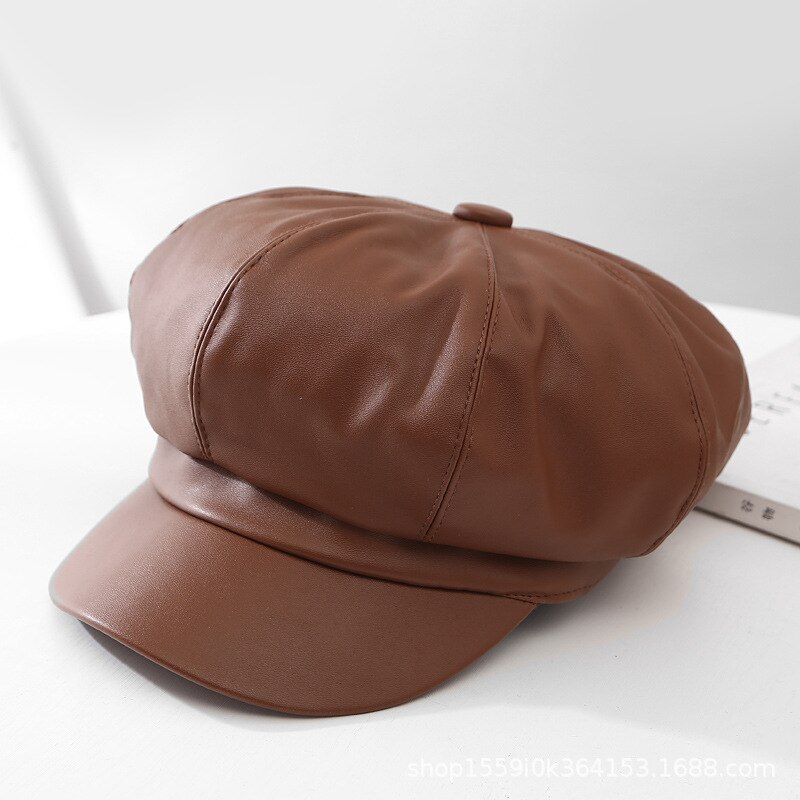Boina T-MAO de cuero Pu para hombre y mujer, gorro liso Vintage, , Color sólido, para invierno: brown