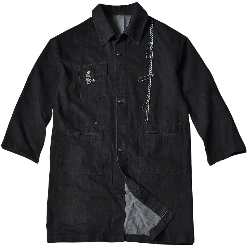 Høst vinter menn revet skrog hofte hopp punk lang denim jakke med kjede nål mann årgang retro jeans jakke kåper: Xl