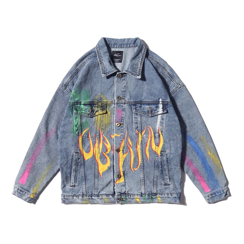 Hand Verf Rainbow Graffiti Vlam Print Denim Jassen Streetwear Hip Hop Casual Bomber Jean Jacket Jassen Tops: Washed blue / L