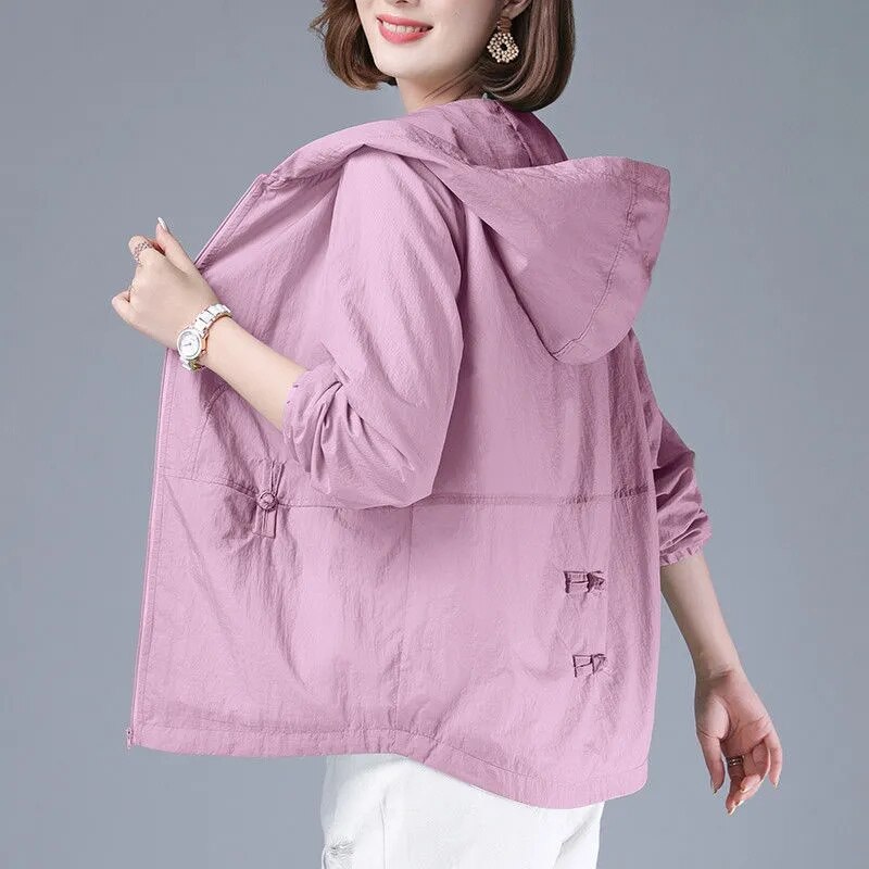 2022 Summer Women&#39;s Jacket Sun Protection Windbreaker Thin Coat Zipper Hooded Loose Overcoat Jackets Famale Outwear: Purple / XXXL