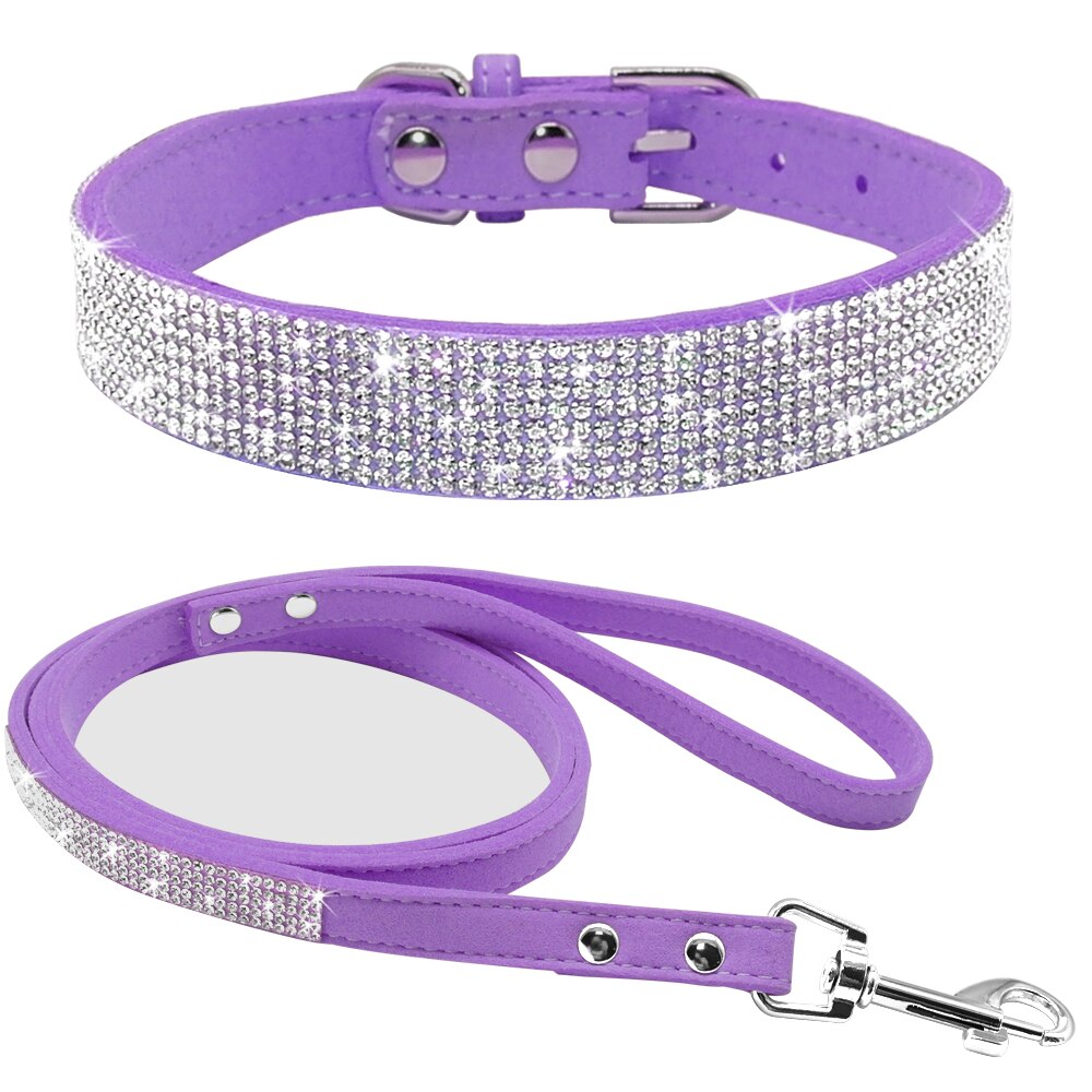Strass hundhalsband bling kristall katt hundhalsband och koppel set djurpromenader koppel justerbar för små medelstora hundar: M / Lila