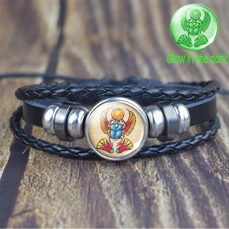 Pulsera de Ankh egipcio que brilla en la oscuridad, brazalete Punk Vintage Antiguo Egipto Anubis Scarab diosa, pulseras multicapa, joyería de amuleto: as show 12