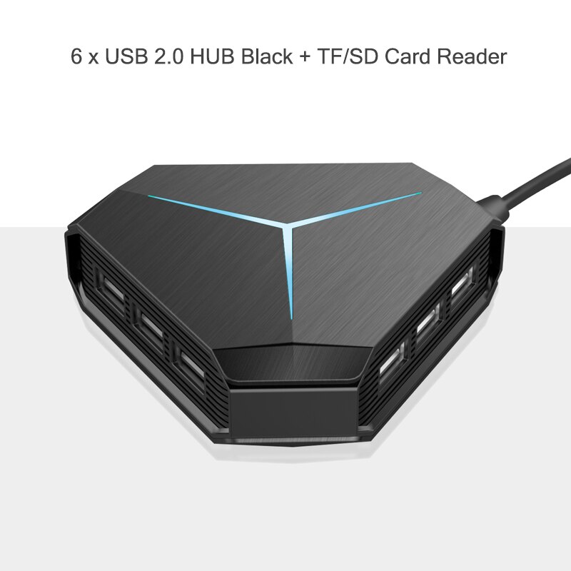 6 Port USB Hub 1m Cable Splitter With TF SD Card Reader Mic AUX Cool Light Charging USB 2.0 Hab for Compter USB Combo: Style2 Reader Black