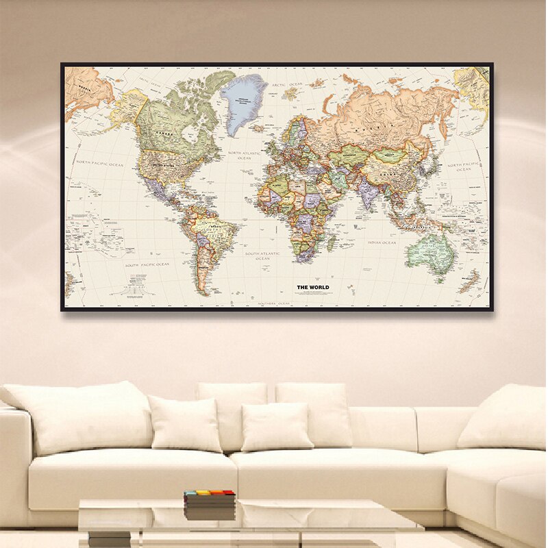 225*150 The World Map Detailed Picture Vintage Wall Art Poster Non-woven Canvas Painting School Office Home Decoration