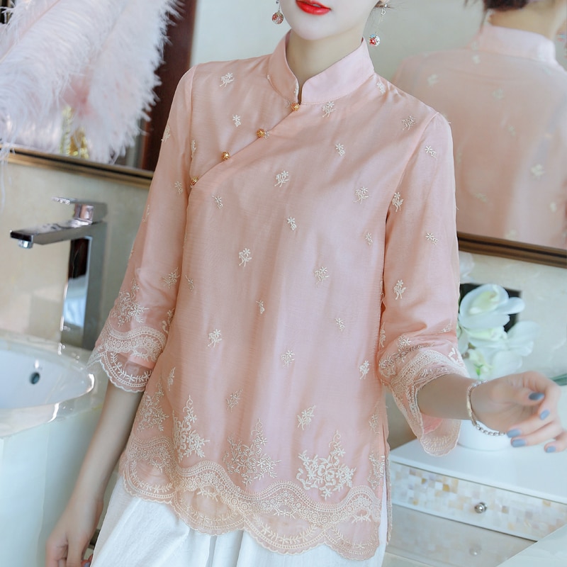 Blusa estilo Cheongsam Vintage para mujer, ropa china con bordado de manga 3/4, para primavera y otoño